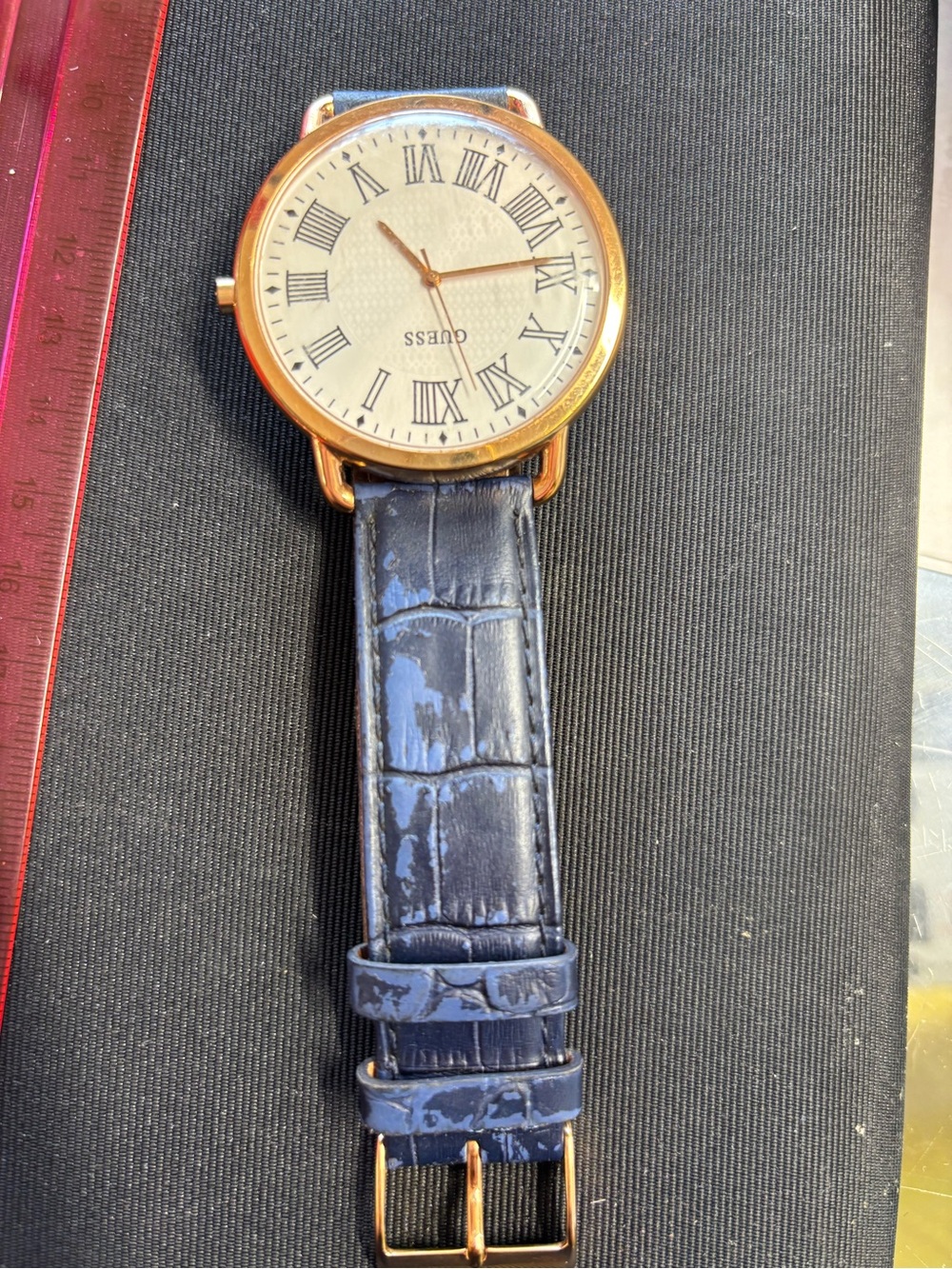 Guess Gold-Tone Case Watch with Blue Croc-Embossed Strap